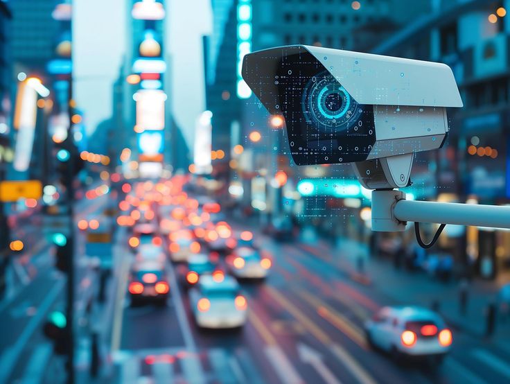 Download AI generated CCTV security camera or surveillance system on blurred traffic road with bokeh light background_ for free